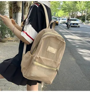 Sac à dos en maille décontracté grande capacité cartable respirant pour étudiants beige