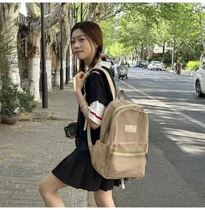 Sac à dos en filet décontracté pour étudiants, sac de rangement kaki tendance vue détail.