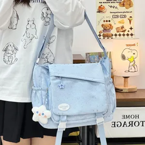 Hellblaue sternen-umhaengetasche fuer damen, suesse leinwand-tasche fuer schule und freizeit.
