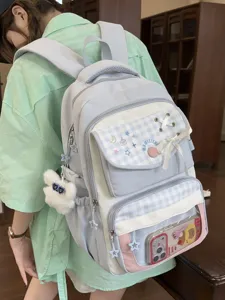 Kawaii pastel blue checkered student schoolbag sweet cute multi-pocket campus backpack for girls