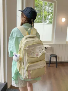 Canvas student backpack with cute plaid embroidery, multi-pocket casual school bag for daily use