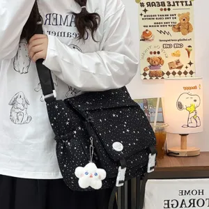 Schwarze Sternen Umhängetasche für Damen, lässige Canvas Schultertasche mit Plüsch Stern.