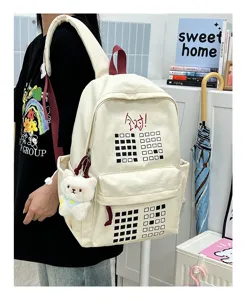 Canvas backpack large capacity student school bag stylish casual daypack with cute bear pendant