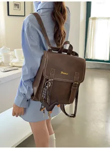 Stylish brown faux leather backpack for women, retro school bag with cute dog pendant.