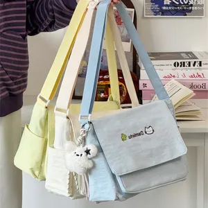 Cute canvas messenger bag for student shoulder crossbody casual aesthetic daily bag with bear pendant