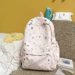 Zaino scolastico in tela rosa con stampa di stelle e oceano, zainetto casual leggero per ragazze.