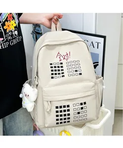 Beige casual student backpack with geometric pattern, large capacity travel bookbag with cute bear.