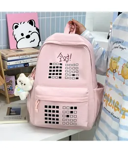 Pink canvas school backpack large capacity student travel book bag cute cartoon bear pendant