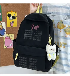 Casual student black backpack with grid design and cute cat plush pendant for travel daily use