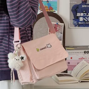 Cute Japanese style pink canvas messenger bag for students lightweight shoulder crossbody bag