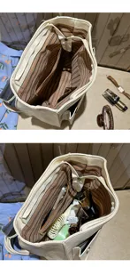 Detailed top view of the beige casual backpack interior showing spacious multi-compartment capacity.