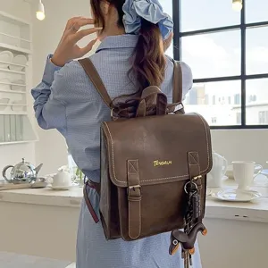 Women PU Leather Casual Backpack Large Capacity Travel School Bookbag Vintage Solid Color Schoolbag With Cute Pendant