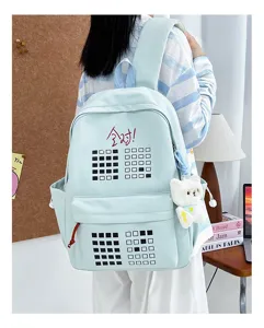 Canvas backpack student school bag travel daypack with cute bear pendant and graphic print