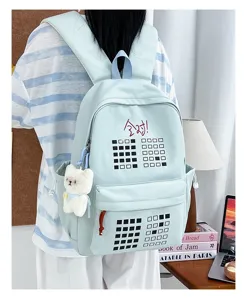Light blue student canvas backpack with cute bear pendant, large capacity casual daypack for school.