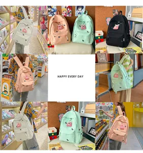 Detailed view of the cute cartoon embroidered school backpack, lightweight and stylish for students.