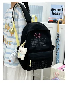 Black casual backpack for students, large capacity travel school bag with cute bear pendant.