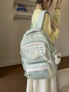 Cute mint blue plaid embroidered student backpack, stylish casual bookbag for teen girls.