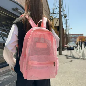 Sac à dos en filet rose pour étudiants, sac d'école décontracté de grande capacité zippé.