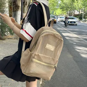 Sac à dos en filet grande capacité décontracté, cartable scolaire beige élégant.