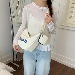 Chic white canvas shoulder bag with blue letter print and coin purse, casual daily crossbody.