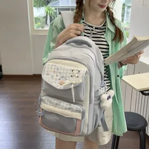 Casual Nylon Plaid Patchwork School Backpack For Teen Girls Student Cute Bookbag With Embroidery And Transparent Pocket
