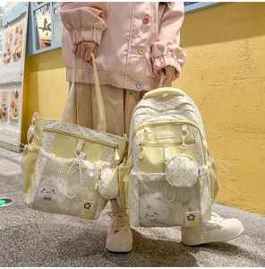 Lindo conjunto de mochila y bolso transparente de lunares estilo japonés para estudiantes.