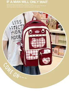 Japanese style sweet pink plaid school backpack, cute stars pattern dual shoulder bag for school.