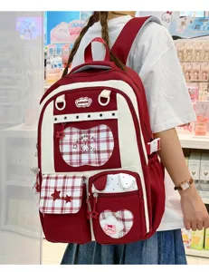 Japanese style cute red plaid school backpack multi-pocket sweet student travel daypack