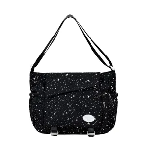 Schwarze Umhängetasche mit Sternenmuster für Damen, lässige Schultertasche für Schule und Pendeln.