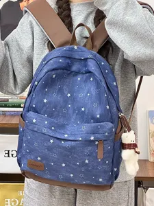 Korean style large capacity blue star print canvas school backpack for daily travel use.