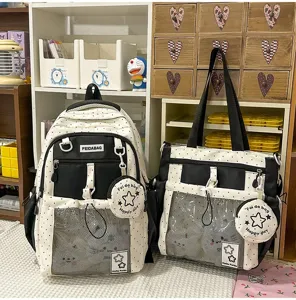 Mochila y bolso ita de lunares estilo japonés con bolsillo de malla transparente para estudiantes.