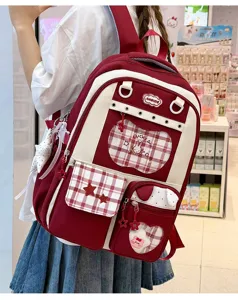 Sweet red and white plaid school backpack with cute rabbit window detail for daily casual travel