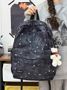 Korean style casual star print school backpack with cute bear pendant for students travel.