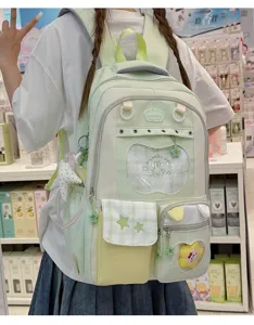 Japanese style sweet light green double shoulder backpack with star embroidery and cute pockets for school.