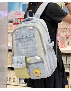 Japanese style sweet pastel color blocking backpack with cute cloud badge and transparent pocket.