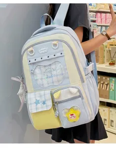 Kawaii pastel blue school backpack with transparent window, cute daily student bookbag