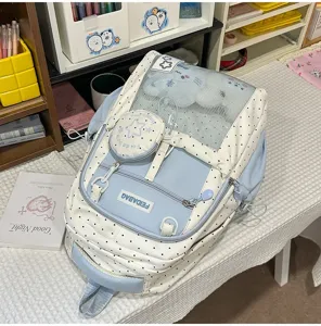 Mochila ita transparente de lunares azul claro bonita con bolsillo frontal y monedero pequeño.