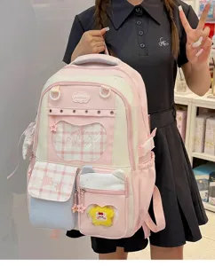 Sweet Japanese style pink canvas backpack with multi pockets, cute clear window and plush decor.