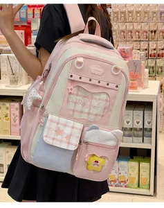 Sweet Japanese style pink multi-pocket canvas backpack with cute charms and clear front pocket.