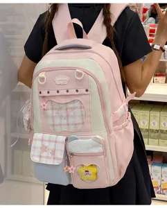 Pink sweet Japanese style student backpack detail, multi-pocket canvas school bag for girls.