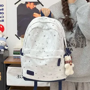 Large Capacity Star Pattern Nylon School Backpack For Teen Girls Casual Student Bookbag Travel Daypack With Pendant
