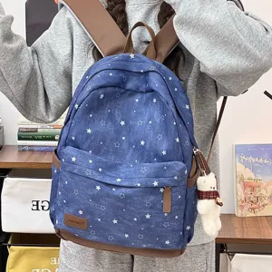 Blue star canvas backpack for students, large capacity casual daypack for school travel daily use.