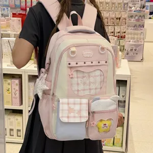 Japanese Style Cute Girl Casual Nylon Backpack Multi-Pocket School Bookbag Lightweight Sweet Travel Daypack For Women