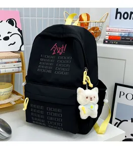 Black canvas student backpack large capacity casual travel school bag with cute pendant details
