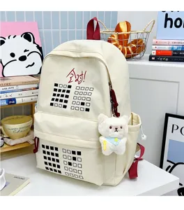 Canvas casual school backpack with grid pattern cute bear pendant for students travel large capacity