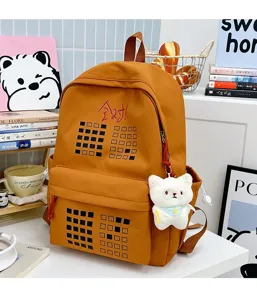 Casual brown student backpack with cute plush bear pendant, large capacity school bag for daily use.