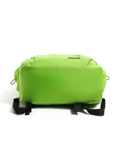 Detail view of the lightweight green backpack featuring durable grid fabric and black straps.
