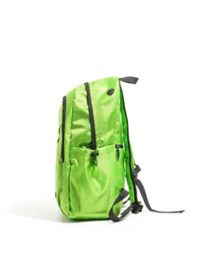 Detailed view of lightweight bright green backpack, showing side pocket, mesh texture and zipper.