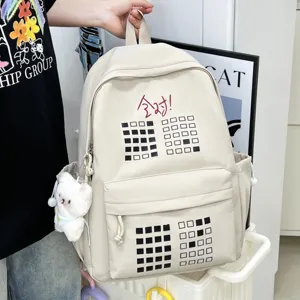Large capacity beige student backpack with grid pattern and cute bear pendant for daily travel.