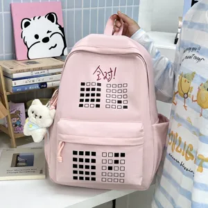 Pink canvas student school bag large capacity casual travel backpack with cute bear pendant